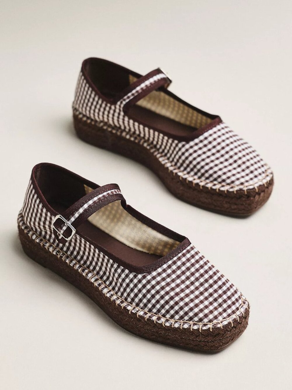 Anthropologie Maeve Mary Jane Espadrille Flats, Brown Gingham, Size US 5.5/EU 36